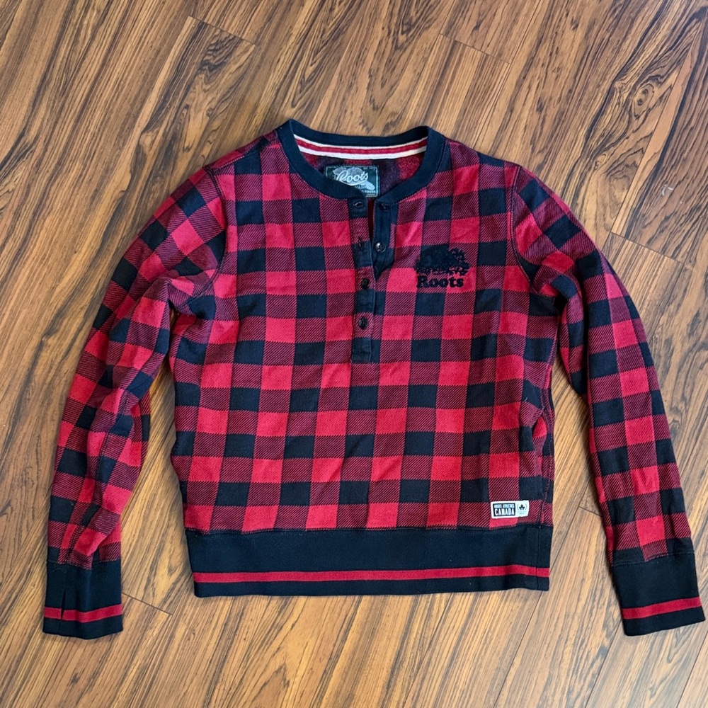 Roots Buffalo Check Henley Crewneck Sweatshirt, Women's Medium